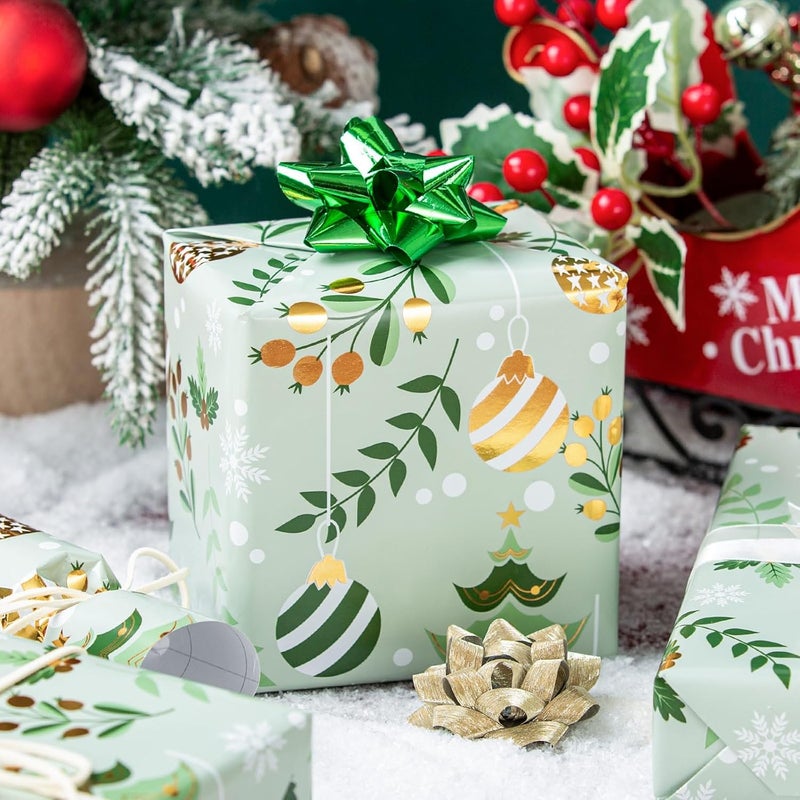 Retrify Light Green Wrapping Paper Roll - Metallic Gold Foil Bells, Berry and White Snowflake Mini Roll Gift Wrap Paper for Christmas Holiday Festive Decoration - 17 Inches x 32.8 Feet - Image 3